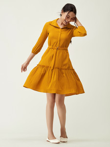 AASK Women Peplum Yellow Above Knee/Mid Thigh Length Dress