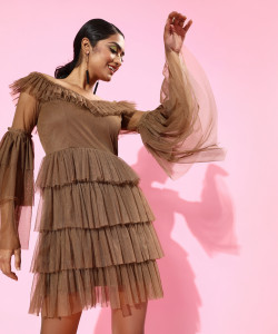 KASSUALLY Women Layered Brown Above Knee/Mid Thigh Length Dress