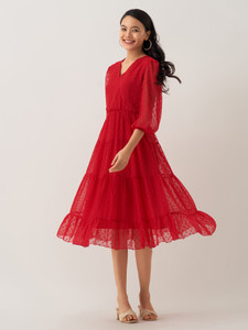 AASK Women Fit and Flare Red Midi/Calf Length Dress