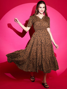 Honky Tonky Women Fit and Flare Brown Midi/Calf Length Dress