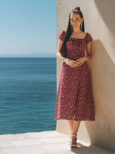AAYU Women A-line Maroon, White Midi/Calf Length Dress