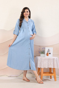 EASYMOM Women Fit and Flare Light Blue Ankle Length Dress