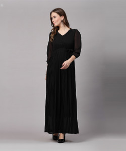 AAYU Women Fit and Flare Black Maxi/Full Length Dress