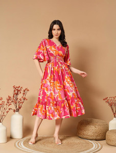 ZWERLON Women A-line Pink, Orange Midi/Calf Length Dress