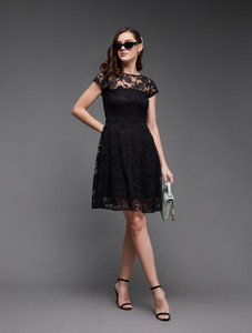 Miss Chase Women A-line Black Above Knee/Mid Thigh Length Dress