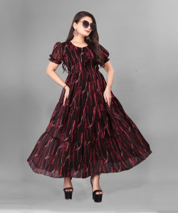 ANTRA Women Fit and Flare Maroon Maxi/Full Length Dress