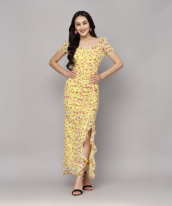 AAYU Women A-line Yellow, Pink, Green Maxi/Full Length Dress