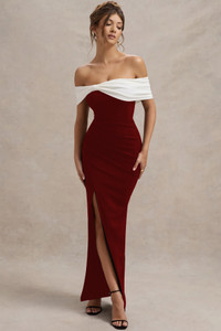 LIME Women Bodycon Maroon, White Maxi/Full Length Dress