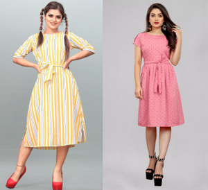 maruti fab Women Fit and Flare Yellow Below Knee Dress