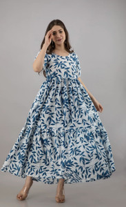 Gustofab Women Gown Blue, White Ankle Length Dress