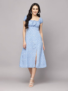 Fab Star Women A-line Light Blue, White Midi/Calf Length Dress