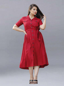 FANCIFY Women Shirt Red Below Knee Dress
