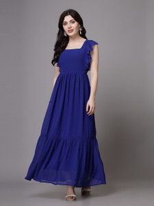 AAYU Women Fit and Flare Dark Blue Ankle Length Dress