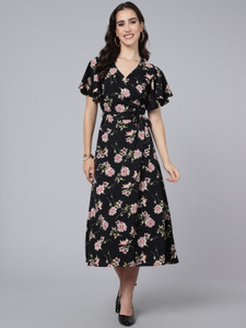 AHANA Women Wrap Multicolor, Black Midi/Calf Length Dress