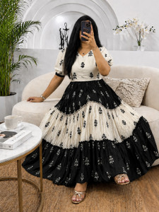 PRANJAYA Women Fit and Flare Black, White Midi/Calf Length Dress