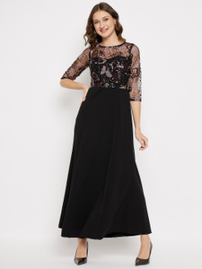 MADAME Women Fit and Flare Black Maxi/Full Length Dress