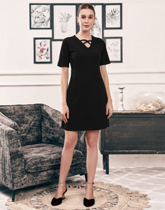 Selvia Women Fit and Flare Black Knee Length Dress