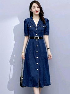 Stypose Women Fit and Flare Dark Blue Midi/Calf Length Dress