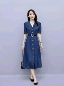 Stypose Women Fit and Flare Dark Blue Midi/Calf Length Dress