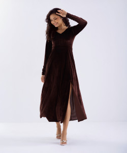 AASK Women Fit and Flare Brown Ankle Length Dress