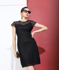 Tokyo Talkies Women Skater Black Above Knee/Mid Thigh Length Dress