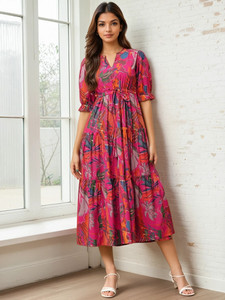 Deklook Women Fit and Flare Pink Ankle Length Dress