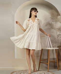 Stylum Women Fit and Flare White Above Knee/Mid Thigh Length Dress
