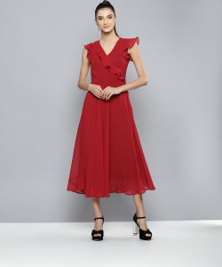 HARPA Women Fit and Flare Red Maxi/Full Length Dress