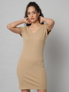 GUTI Women Bodycon Beige Above Knee/Mid Thigh Length Dress