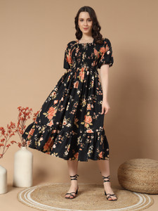ZWERLON Women Empire Waist Black Midi/Calf Length Dress