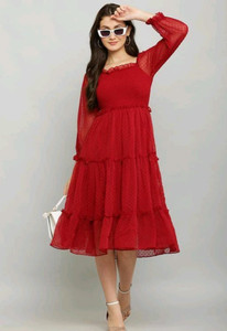 Nazimpex Women A-line Red Midi/Calf Length Dress
