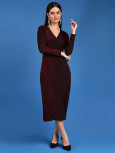 saffe Women Bodycon Maroon Midi/Calf Length Dress