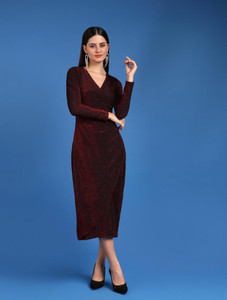 saffe Women Bodycon Maroon Midi/Calf Length Dress