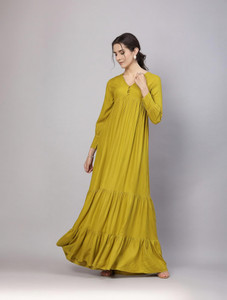 AAYU Women Layered Light Green Maxi/Full Length Dress