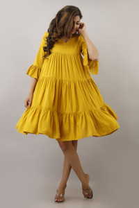 eyka Women Fit and Flare Yellow Above Knee/Mid Thigh Length Dress