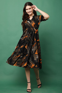 JustHer Women Fit and Flare Black, Orange Midi/Calf Length Dress