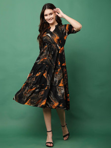 JustHer Women Fit and Flare Black, Orange Midi/Calf Length Dress