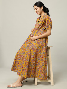 Gujari Women Fit and Flare Yellow Ankle Length Dress