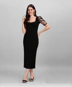 Selvia Women Bodycon Black Midi/Calf Length Dress