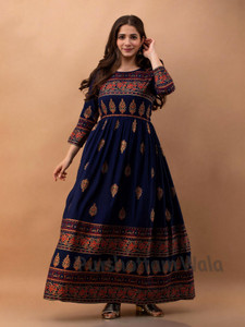 PURSHOTTAM WALA Women Fit and Flare Blue Ankle Length Dress