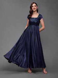 Miss Chase Women Fit and Flare Dark Blue Maxi/Full Length Dress