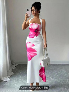 OnTech Women Bodycon White, Pink Ankle Length Dress