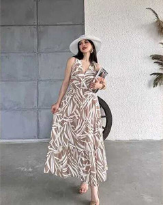 Madhucreation Women Tiered Brown, White Midi/Calf Length Dress