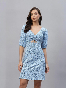 AAYU Women Skater Light Blue Knee Length Dress