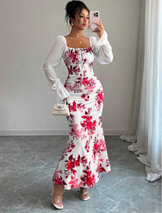 MAHALAXMIJI.FASHION Women Fit and Flare White, Red Maxi/Full Length Dress