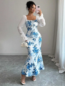 MAHALAXMIJI.FASHION Women Fit and Flare White, Blue Maxi/Full Length Dress