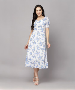 AAYU Women A-line White, Light Blue, Grey Midi/Calf Length Dress