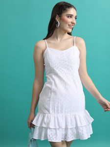 Tokyo Talkies Women Ruffled White Above Knee/Mid Thigh Length Dress