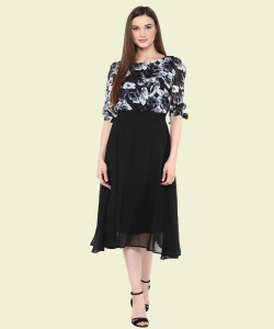 HARPA Women Fit and Flare White, Black Knee Length Dress