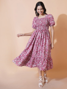 OTABU Women Fit and Flare Pink, White, Maroon Midi/Calf Length Dress